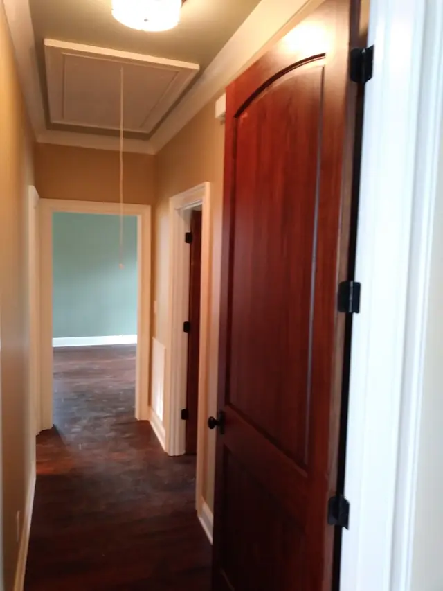 Stained wood interior door in a khaki hallway with a sage room beyond